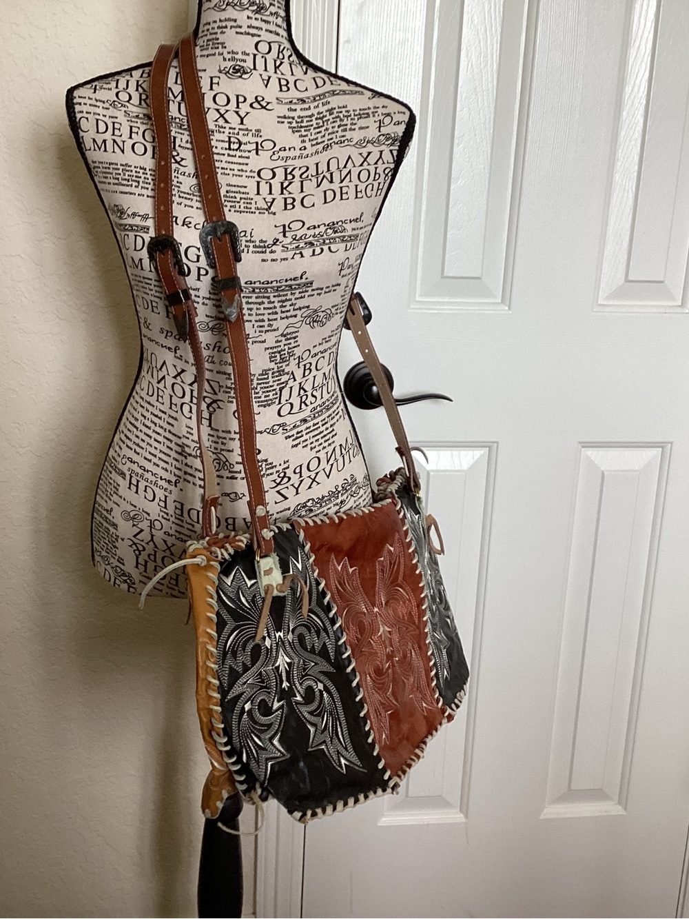 Handcrafted Patchwork Shoulder Bag in Brown, Black & Tan